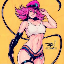 Rule 34 | 1girl, alternate hair length, alternate hairstyle, black choker, black gloves, breasts, choker, crop top, cuffs, elbow gloves, final fight, gloves, hat, lips, peaked cap, poison (final fight), short hair, signature, single elbow glove, solo, strap slip, street fighter, street fighter v, the art mage, whip