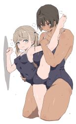Rule 34 | 2girls, against wall, barefoot, black one-piece swimsuit, blue eyes, breasts, brown hair, covered navel, dark-skinned female, dark skin, height difference, highres, kei (m k), large breasts, leg up, m k, multiple girls, one-piece swimsuit, original, red eyes, rika (m k), short hair, simple background, small breasts, soles, standing, standing on one leg, sweat, swimsuit, taller female, tan, thighs, toes, twintails, white background, yuri