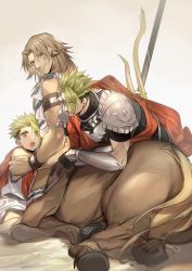 Rule 34 | 3boys, achilles (fate), aged down, aged up, ancient greek clothes, anger vein, armor, bow (weapon), brown hair, centaur, child, chiron (fate), chiton, commentary request, dual persona, eyes visible through hair, fate/apocrypha, fate (series), green eyes, green hair, highres, long hair, multiple boys, no-kan, pauldrons, polearm, scarf, shoulder armor, spear, taur, toga, vambraces, weapon