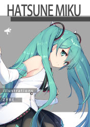 Rule 34 | 1girl, artist name, black skirt, blue eyes, blue hair, character name, detached sleeves, floating hair, hair between eyes, hair ornament, hatsune miku, highres, long hair, looking at viewer, looking back, miniskirt, pleated skirt, shirt, skirt, sleeveless, sleeveless shirt, smile, solo, twintails, very long hair, vocaloid, white shirt, zhayin-san
