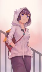Rule 34 | 1girl, backpack, bag, cowboy shot, fate/grand order, fate (series), from below, grey jacket, hands in pocket, hood, hood up, hooded jacket, jacket, katsushika hokusai (fate), looking afar, looking up, official alternate costume, parted lips, purple eyes, purple hair, purple skirt, quentin lecuiller, short hair, skirt, smile, solo, standing, white background