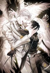 Rule 34 | 2boys, :d, arms around neck, back, bishounen, black bow, black bowtie, black hair, black pants, black suit, black wings, blonde hair, bow, bowtie, closed eyes, collared shirt, corsage, couple, cowboy shot, earrings, falling feathers, feathered wings, feathers, flower, formal, halo, han yoohyun, hand in another&#039;s hair, highres, hug, jacket, jewelry, kooou102, male focus, multiple boys, multiple wings, naega kiun s geubdeul, open mouth, pants, ring, shirt, short hair, smile, sparkle, suit, sung hyunjae, tail, white jacket, white pants, white shirt, white suit, white wings, wings, yaoi, yellow flower