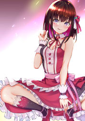 Rule 34 | 1girl, absurdres, azki (3rd costume) (hololive), azki (hololive), black hair, breasts, cleavage, dress, frilled dress, frills, glitter, highres, hololive, looking at viewer, multicolored hair, pink dress, pink hair, pukara, purple eyes, short hair, small breasts, smile, solo, squatting, thighhighs, tongue, tongue out, virtual youtuber
