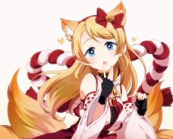 Rule 34 | 10s, 1girl, alternate hairstyle, animal ears, ayase eli, bare shoulders, bell, black gloves, blonde hair, blue eyes, blush, bow, detached sleeves, fingerless gloves, fox ears, fox tail, gloves, hair down, hairband, head tilt, heart, izumi k rukawa, jingle bell, long hair, looking at viewer, love live!, love live! school idol festival, love live! school idol project, multiple tails, red bow, solo, swept bangs, tail, white background