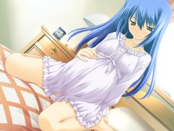 Rule 34 | 1girl, barefoot, bed, blue hair, bow, covered erect nipples, curtains, dutch angle, emupii maid promotion master, frills, game cg, long hair, mizuno aoi, pajamas, pillow, pregnant, red eyes, ribbon, sitting, smile, solo, tamahiyo, thighs, window