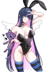 Rule 34 | 1girl, angel wings, animal ears, aqua eyes, arm up, black choker, black hairband, black leotard, black nails, blue hair, breasts, choker, closed mouth, colored inner hair, covered navel, double v, fake animal ears, groin, hairband, highleg, highleg leotard, highres, holding, holding stuffed toy, large breasts, leotard, long hair, miaru, multicolored hair, panty &amp; stocking with garterbelt, pink hair, playboy bunny, rabbit ears, solo, stocking (psg), striped clothes, striped thighhighs, stuffed animal, stuffed cat, stuffed toy, thighhighs, thighs, v, very long hair, white background, wings
