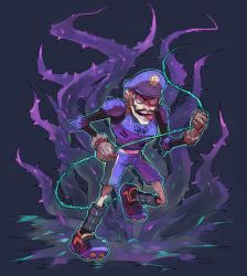 Rule 34 | 1boy, atsuko (pixiv2232917), bad id, bad pixiv id, brown gloves, brown hair, cleats, facial hair, gloves, hat, male focus, mario (series), mario strikers charged, mustache, nintendo, open mouth, purple hat, purple shorts, shorts, solo, standing, standing on one leg, teeth, thorns, tongue, tongue out, waluigi