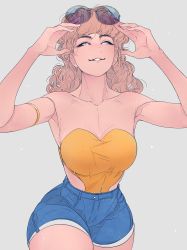 Rule 34 | 1girl, arms up, bare shoulders, blonde hair, blue shorts, breasts, collarbone, cowboy shot, elliemaplefox, eyewear on head, grey background, highres, large breasts, long hair, original, parted lips, shorts, simple background, smile, solo, strapless, white eyes