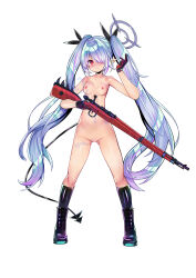 Rule 34 | 1girl, absurdres, asymmetrical bangs, black footwear, black gloves, black ribbon, black tail, blue archive, bolt action, boots, breasts, dark-skinned female, dark skin, demon tail, full body, gloves, grey hair, gun, hair over one eye, hair ribbon, halo, highres, holding, holding gun, holding weapon, iori (blue archive), kneehighs, kuka, long hair, looking at viewer, mauser 98, navel, nipples, nude, pointy ears, pussy, red eyes, ribbon, rifle, simple background, small breasts, socks, solo, tail, twintails, weapon, white background