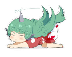 Rule 34 | 1girl, all fours, animal ears, blush, chibi, commentary request, crys (dai), closed eyes, full body, green hair, horns, kariyushi shirt, komano aunn, long hair, red shirt, sandals, shirt, short sleeves, shorts, simple background, single horn, solo, stretching, tail, touhou, white background, white shorts