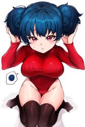 Rule 34 | 1girl, alternate breast size, arms up, blue hair, blush, braid, braided bun, breasts, covered navel, food, hair between eyes, hair bun, heattech leotard, highres, large breasts, leotard, lips, long sleeves, looking at viewer, love live!, love live! sunshine!!, open mouth, purple eyes, red sweater, seiza, sitting, solo, speech bubble, sweater, sweets, tem10, thighhighs, thighs, tsushima yoshiko, turtleneck, turtleneck sweater, wide hips