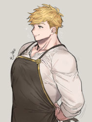 Rule 34 | 1boy, absurdres, apron, bad id, bad twitter id, bara, black apron, blonde hair, blush, from side, granblue fantasy, grey background, highres, large pectorals, looking to the side, male focus, migi (mm86262394), muscular, muscular male, pectorals, short hair, smile, solo, translation request, undercut, upper body, vane (granblue fantasy)