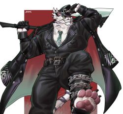 Rule 34 | 1boy, amonsyd, animal ears, artist name, bara, belt, black coat, black gloves, black headwear, black pants, chain, claws, coat, commentary, digitigrade, dislyte, english commentary, furry, furry male, gloves, green necktie, hat tip, highres, holding, holding polearm, holding weapon, jin qiu (ru shou) (dislyte), looking at viewer, male focus, necktie, pants, pawpads, polearm, shirt, strap, sunglasses, tail, tiger boy, tiger ears, tiger stripes, tiger tail, weapon, white fur, white shirt
