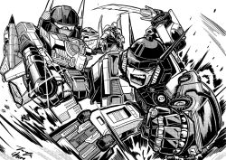 Rule 34 | arm cannon, chibi, clenched hand, fighting, greyscale, highres, holding, holding sword, holding weapon, mecha, menasor, monochrome, oohara tetsuya, open hand, open mouth, robot, science fiction, superion, sword, transformers, weapon, white background