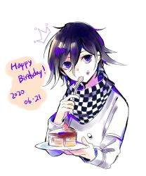 Rule 34 | 1boy, black hair, cake, cake slice, checkered clothes, checkered scarf, commentary request, cropped torso, crown print, danganronpa (series), danganronpa v3: killing harmony, dated, food, food on face, hair between eyes, happy birthday, highres, holding, holding plate, holding spoon, jacket, long sleeves, looking at viewer, male focus, mian (nemu 0118), oma kokichi, plate, purple eyes, purple hair, scarf, short hair, simple background, solo, spoon, upper body, white jacket