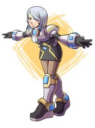 Rule 34 | 1girl, ace attorney, adapted costume, android, ascot, bent over, black gloves, blue eyes, commentary, commission, crossover, english commentary, franziska von karma, full body, gloves, leaning forward, mega man (series), mega man x (series), mole, mole under eye, outstretched arms, pantyhose, robot ears, short hair, silver hair, skirt, skycompass, smile, solo