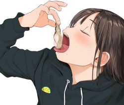 Rule 34 | 1girl, bad id, bad twitter id, black hair, closed eyes, eating, fingernails, highres, holding, inactive account, long sleeves, masuda (yousaytwosin), mole, mole under mouth, open mouth, original, oyster, simple background, solo, teeth, tongue, tongue out, upper body, white background