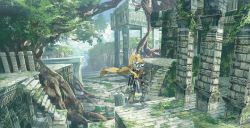 Rule 34 | 1other, armor, blue sky, brown cape, cape, cloud, fake horns, faulds, gauntlets, helmet, highres, horned helmet, knight, moss, original, ruins, scenery, shichigatsu, sky, solo, stairs, standing, sword, tree, weapon
