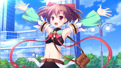 Rule 34 | 1girl, :d, ahoge, armpits, arms up, bag, belt, black bra, blue sky, blue sleeves, bow, bra, brown belt, brown hair, cloud, crop top, day, detached sleeves, game cg, hair between eyes, hair bow, handbag, highres, kagurazaka mei, ko~cha, long hair, long sleeves, midriff, navel, open mouth, outdoors, outstretched arms, red bow, red eyes, red ribbon, ribbon, sky, smile, solo, standing, stomach, twintails, underwear, wizards complex
