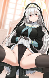 Rule 34 | 1girl, absurdres, ass, black gloves, black thighhighs, blue archive, blush, boots, breasts, cameltoe, cleft of venus, covered navel, gloves, grey hair, halo, highres, justina follower (blue archive), large breasts, lifted by self, long hair, looking at viewer, momio, nun, red eyes, sakurako (blue archive), smile, solo, spread legs, thighhighs, tiptoes, veil, very long hair