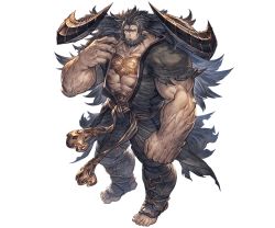 Rule 34 | 1boy, abs, bare pectorals, barefoot, beard, black hair, brown eyes, cow horns, draph, facial hair, full body, giant, giant male, granblue fantasy, grey pants, horns, jewelry, long hair, male focus, minaba hideo, mugen (granblue fantasy), muscular, muscular male, necklace, official art, open clothes, open shirt, pants, pectorals, pointy ears, shirt, solo, stomach, torn clothes, torn shirt, transparent background, veins, very long hair