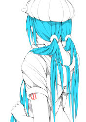 Rule 34 | 1girl, aqua hair, back, from behind, hair ornament, hair scrunchie, hand on own chin, hat, hatsune miku, holding, holding hair, hood, hood basket, hoodie, hsumiaochan, long hair, nape, ribbed hat, scrunchie, short-sleeved sweater, short sleeves, solo, stroking own chin, sweater, tattoo, twintails, vocaloid, white background