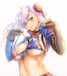 Rule 34 | 1girl, american flag bikini, ashina merou, asymmetrical gloves, asymmetrical hair, belt, belt skirt, bikini, breasts, bun cover, choker, collarbone, elbow gloves, fate/grand order, fate (series), fingerless gloves, flag print, front-tie bikini top, front-tie top, gloves, green eyes, grey hair, hair bun, highres, jewelry, large breasts, long hair, looking at viewer, miyamoto musashi (fate), miyamoto musashi (fate/grand order), miyamoto musashi (swimsuit berserker) (fate), miyamoto musashi (swimsuit berserker) (second ascension) (fate), pendant, pink hair, shrug (clothing), sideboob, simple background, single elbow glove, single hair bun, smile, solo, strap lift, swept bangs, swimsuit, tan, tanline, underboob, uneven gloves, white background