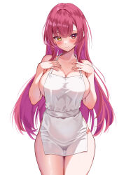 Rule 34 | 1girl, absurdres, alternate hairstyle, apron, blush, breasts, closed mouth, collarbone, commentary, embarrassed, hair down, hands on own chest, heterochromia, highres, hololive, houshou marine, large breasts, looking at viewer, naked apron, oniku (o29sukizero), red eyes, sideboob, solo, virtual youtuber, white apron, white background, yellow eyes
