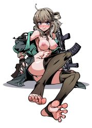 Rule 34 | 1girl, absurdres, ahoge, ass, assault rifle, black gloves, black thighhighs, blush, breasts, brown hair, cleavage, commission, detached collar, fingerless gloves, ga320aaa, girls&#039; frontline, gloves, gun, hairband, highres, honey badger (girls&#039; frontline), jacket, looking at viewer, navel, nipples, pixiv commission, purple eyes, rifle, sitting, smile, solo, thighhighs, toeless legwear, weapon
