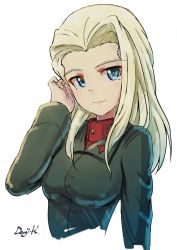 Rule 34 | 1girl, artist name, blonde hair, blue eyes, clara (girls und panzer), closed mouth, commentary, cropped torso, girls und panzer, green jacket, hand in own hair, highres, insignia, jacket, kuroneko douji, long hair, long sleeves, looking at viewer, pravda school uniform, red shirt, school uniform, shirt, signature, simple background, sketch, smile, solo, turtleneck, white background