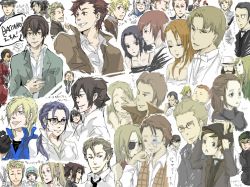 Rule 34 | 00s, 6+boys, 6+girls, baccano!, black hair, blonde hair, brown hair, character request, dress shirt, everyone, expressionless, eyepatch, formal, glasses, jacket, long hair, multiple boys, multiple girls, non-web source, shirt, simple background, smirk, smoke, suit, upper body, very long hair, vest, white background