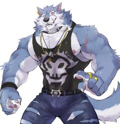 Rule 34 | 1boy, animal ears, bara, black tank top, claws, collar, commentary, cross, cross necklace, dislyte, earrings, english commentary, fangs, furry, furry male, gold ring, highres, jewelry, looking at viewer, male focus, meocondainhan, multiple rings, multiple scars, necklace, pants, pawpads, ring, scar, scar across eye, scar on arm, scar on face, smile, tank top, torn clothes, torn pants, white background, wolf boy, wolf ears