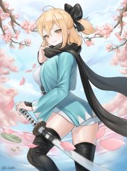 Rule 34 | 1girl, absurdres, ahoge, armor, bad id, bad pixiv id, black bow, black scarf, blonde hair, blue sky, blush, bow, breasts, cherry blossoms, commentary, day, falling petals, fate/grand order, fate (series), from behind, grin, hair bow, half updo, haori, highres, japanese armor, japanese clothes, katana, kote, lichiko, looking at viewer, medium breasts, obi, okita souji (fate), okita souji (koha-ace), outdoors, petals, sash, scarf, sheath, sheathed, shin guards, short hair, sidelocks, signature, sky, smile, solo, standing, sword, thighhighs, twitter username, weapon, yellow eyes