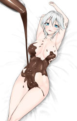 Rule 34 | 10s, 1girl, anastasia (idolmaster), armpits, arms behind head, blue eyes, breasts, chocolate, chocolate on body, chocolate on breasts, chocolate on pussy, cleft of venus, covered navel, female focus, food on body, gradient background, highres, idolmaster, idolmaster cinderella girls, large breasts, libre, looking at viewer, nude, short hair, silver hair, smile, solo