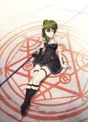 Rule 34 | 1girl, absurdres, arm strap, armlet, artist name, black choker, black dress, black footwear, black gloves, boots, choker, closed mouth, commentary, dated, dress, gloves, green hair, half-closed eyes, halterneck, highres, inisipis, looking at viewer, magic circle, medium hair, purple eyes, short dress, side ponytail, signature, single glove, sitting, sleeveless, sleeveless dress, smile, solo, sousou no frieren, staff, thigh strap, ubel (sousou no frieren)