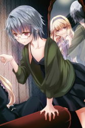 Rule 34 | 2girls, armchair, blonde hair, chair, collarbone, curtains, esprit (sword girls), flat chest, frown, glasses, grey hair, grin, hairband, holding, leaning forward, linia pacifica, long hair, lowres, mirror, multiple girls, pleated skirt, pointing, purple eyes, reflection, reum, short hair, skirt, smile, sword girls