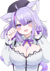 Rule 34 | 1girl, ahoge, animal ear fluff, animal ears, beret, black headwear, blush, breasts, cat ears, cat girl, cat tail, cleavage, cleavage cutout, clothing cutout, collared shirt, hand on own face, hat, heart on chest, highres, hololive, large breasts, medium hair, mia960, multicolored hair, nekomata okayu, nekomata okayu (wonderland), official alternate costume, open mouth, purple eyes, purple hair, shirt, smile, streaked hair, suspenders, tail, virtual youtuber, white background, white shirt