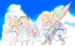 Rule 34 | 2boys, 3girls, :d, = =, ^ ^, achilles (fate), ayako (nekomomo), barefoot, black necktie, black pants, blonde hair, blue eyes, blue pants, blue sky, blue tunic, blush, bow, bowtie, chibi, chiron (fate), closed eyes, closed umbrella, cloud, cooler, curtained hair, dress, fang, fate/grand order, fate (series), flip-flops, full body, green hair, grey hair, grey shirt, hair between eyes, hand to own mouth, happy, hat, hat bow, holding, holding hands, holding umbrella, horse tail, jack the ripper (fate/apocrypha), jeanne d&#039;arc (fate), long hair, looking at another, looking at viewer, marie antoinette (fate), marie antoinette (fate/grand order), marie antoinette (swimsuit caster) (fate), marie antoinette (swimsuit caster) (second ascension) (fate), multiple boys, multiple girls, necktie, off-shoulder dress, off shoulder, one eye closed, open mouth, pants, parasol, pink bow, pink bowtie, sandals, shirt, short hair, short sleeves, skin fang, sky, sleeveless, sleeveless dress, smile, stitches, sun hat, tail, twintails, umbrella, v-neck, walking, white dress, white hair, white headwear, yellow eyes