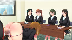 Rule 34 | 5girls, age difference, anus, aomizuan, ass, bent over, black hair, black suit, blue eyes, blush, breasts, brown hair, censored, chair, closed mouth, clothed sex, clothes lift, cum, cum in pussy, ejaculation, embarrassed, floor, formal, glasses, green eyes, green hair, groin, highres, huge breasts, indoors, kono kaisha... nanika okashii! 2, large breasts, legs, long hair, mosaic censoring, multiple girls, office lady, open mouth, orange hair, orgasm, panties, panty pull, penis, pink eyes, ponytail, purple eyes, pussy, pussy juice, sex, short hair, sitting, skirt, skirt lift, someoka yusura, suit, sweat, table, thighs, twintails, underwear, vaginal, wet, writing