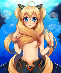 Rule 34 | 1girl, ahoge, animal ears, bad id, bad pixiv id, blonde hair, blue eyes, bracelet, censored, convenient censoring, fake animal ears, hair censor, hair over breasts, jewelry, long hair, looking at viewer, navel, open mouth, seeu, solo, topless, very long hair, vocaloid