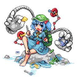 Rule 34 | 1girl, aozane, barefoot, between toes, blue eyes, blue hair, cucumber, feet, female focus, holding with feet, hair bobbles, hair ornament, kawashiro nitori, lowres, matching hair/eyes, mechanical arms, open mouth, pixel art, rock, short hair, single mechanical arm, sitting, solo, toes, tools, touhou, twintails, two side up