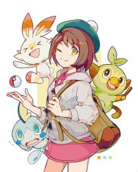 Rule 34 | 1girl, backpack, bag, bob cut, brown bag, brown hair, buttons, cable knit, cardigan, closed mouth, collared dress, color guide, commentary request, creatures (company), dress, game freak, gen 8 pokemon, gloria (pokemon), green headwear, grey cardigan, grookey, hat, hooded cardigan, kayako (bimabima), nintendo, one eye closed, pink dress, poke ball, poke ball (basic), pokemon, pokemon (creature), pokemon swsh, scorbunny, short hair, smile, sobble, split mouth, starter pokemon trio, tam o&#039; shanter, yellow eyes