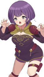 Rule 34 | 1girl, :o, bernadetta von varley, blush, bob cut, breasts, claw pose, cleavage, fire emblem, fire emblem: three houses, grey eyes, highres, nintendo, open mouth, purple hair, solo, tagme, white background