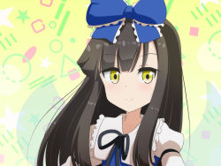 Rule 34 | 1girl, black bow, black bowtie, blue bow, blue dress, blush, bow, bowtie, cato (monocatienus), circle, closed mouth, cloud, collared shirt, commentary request, dress, elips, fairy wings, frills, grey hair, hair between eyes, hair bow, hexagon, juliet sleeves, long hair, long sleeves, looking to the side, puffy sleeves, shirt, smile, solo, square, star sapphire, touhou, triangle, upper body, white shirt, wings, yellow background, yellow eyes