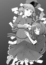 2girls blunt_bangs dress elbow_gloves frilled_dress frilled_ribbon frills gloves grey_background greyscale hat iroiro_yaru_hito kagiyama_hina kawashiro_nitori looking_at_viewer monochrome multiple_girls ribbon touhou