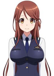 Rule 34 | 10s, 1girl, blush, breasts, brown eyes, brown hair, bryanz09, iida nana, large breasts, long hair, looking at viewer, necktie, open mouth, rail wars!, simple background, smile, solo, white background