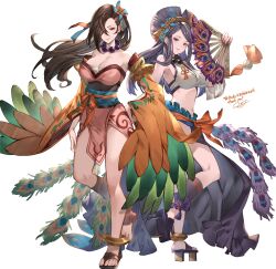 Rule 34 | 2girls, artist name, ayacho, bare shoulders, breasts, brown eyes, brown hair, cleavage, commentary request, commission, detached sleeves, feathers, fire emblem, fire emblem fates, fire emblem heroes, full body, geta, hair ornament, hair over one eye, hand fan, hand on own hip, highres, holding, japanese clothes, jewelry, kagero (fire emblem), kagero (winds offered) (fire emblem), kimono, large breasts, long hair, looking at viewer, midriff, multiple girls, necklace, nintendo, official alternate costume, orochi (fire emblem), orochi (winds offered) (fire emblem), parted lips, pelvic curtain, purple eyes, purple hair, sandals, signature, simple background, sleeveless, smile, toes, white background, wide sleeves