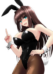 Rule 34 | 1girl, animal ears, aozaki aoko, black hair, black leotard, black pantyhose, blue eyes, breasts, commentary request, cowboy shot, detached collar, fake animal ears, hair intakes, highres, index finger raised, large breasts, leotard, long hair, looking at viewer, mahou tsukai no yoru, pantyhose, playboy bunny, rabbit ears, rabbit tail, simple background, smile, solo, strapless, strapless leotard, tail, white background, wrist cuffs, yuuk33