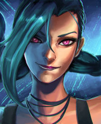 Rule 34 | 1girl, bad deviantart id, bad id, blue hair, braid, eyelashes, fringe trim, hair over one eye, highres, jewelry, jinx (league of legends), koyorin, league of legends, lipstick, long hair, makeup, necklace, nose, pink eyes, portrait, purple lips, smile, solo, twin braids, very long hair