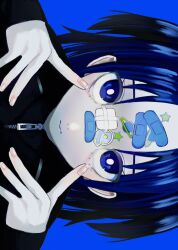 Rule 34 | 1girl, bandaid, bandaid on face, bandaid on forehead, bandaid on nose, black jacket, blue background, blue eyes, blue hair, bright pupils, closed mouth, commentary, dark blue hair, eyelid pull, finger to eye, fingernails, gauze on face, highres, jacket, long sleeves, looking at viewer, original, parted bangs, planet, portrait, sideways, simple background, solo, star (symbol), sticker on face, ufo, urokogaran, white pupils, zipper, zipper pull tab